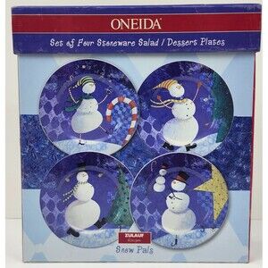 Oneida Snow Pals Christmas Stoneware Salad Dessert Plates Set of 4 Snowman